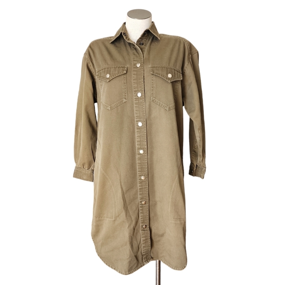 Liz Claiborne Vintage Olive Green Collar Snap Closure Utility Shirt Dress Size M
